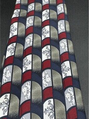 Pierre Cardin Vintage Silk Geometric Tie USA Navy Red 57” x 4” Retro